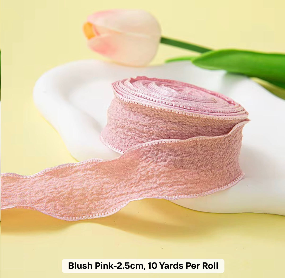 BLUSH PINK - Dekoratīvā viļņotā auduma lentīte 25mm x 9m