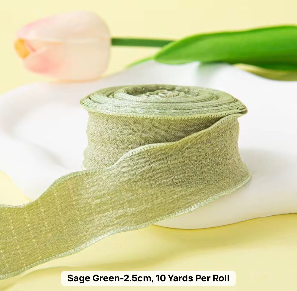 SAGE GREEN - Dekoratīvā viļņotā auduma lentīte 25mm x 9m